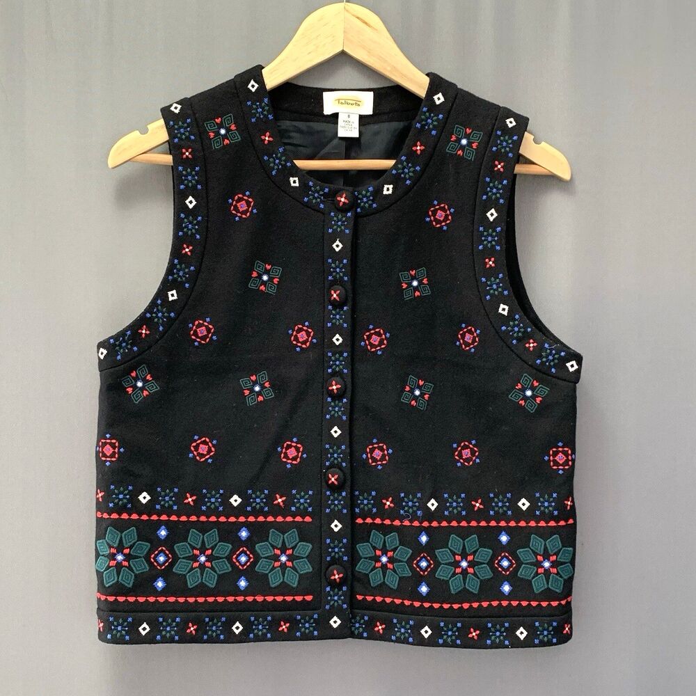 Vtg 90s Talbots Embroidered Christmas Vest Sz S Black Wool Blend Holiday Festive